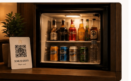 A warmly lit, well-stocked minibar beside a QR welcome card inviting guests to scan and order