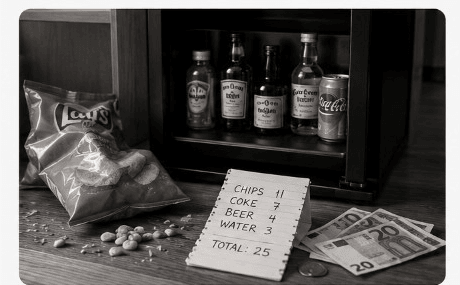 A dim minibar with a handwritten tally sheet, spilled chips, scattered nuts and crumpled euro notes