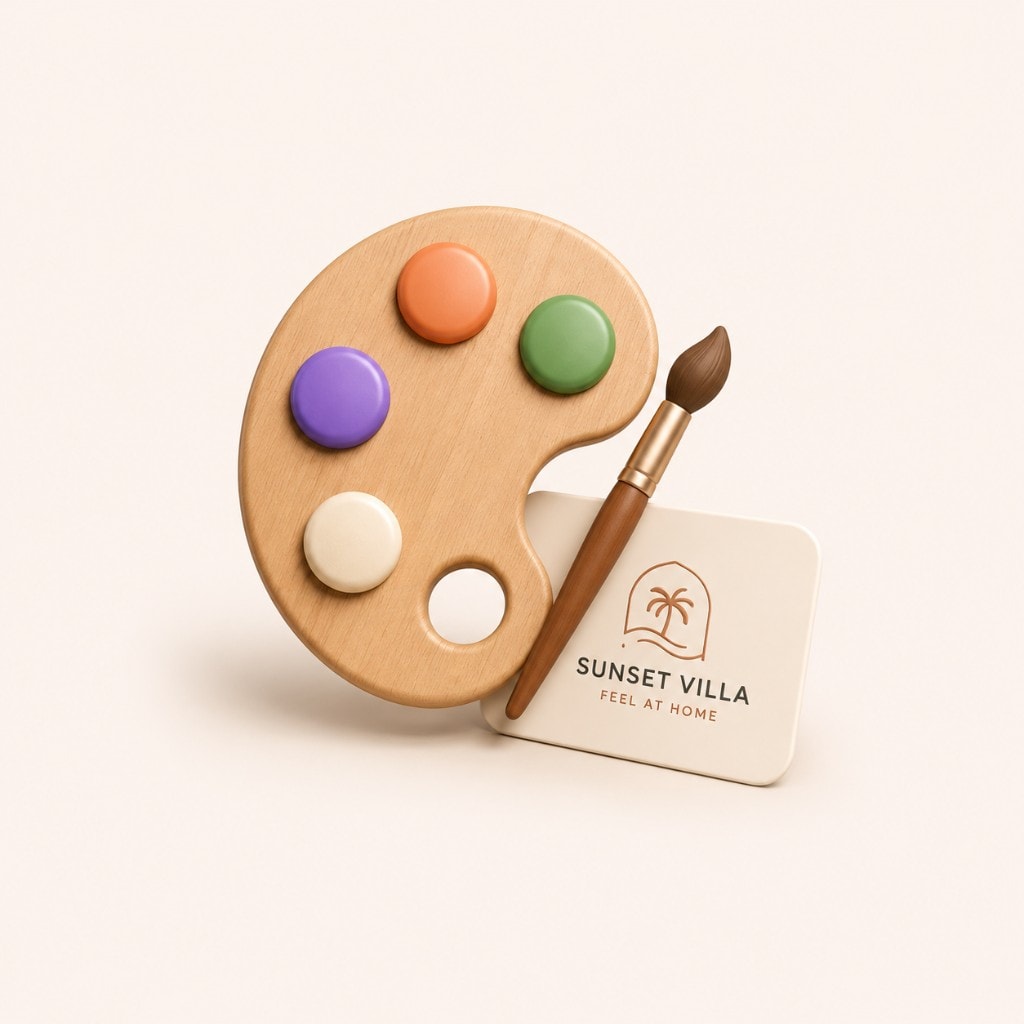 A wooden artist palette and brush beside a Sunset Villa logo card, custom branding