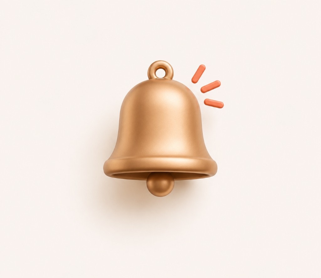 A polished bronze notification bell with orange ringing strokes, inventory alerts