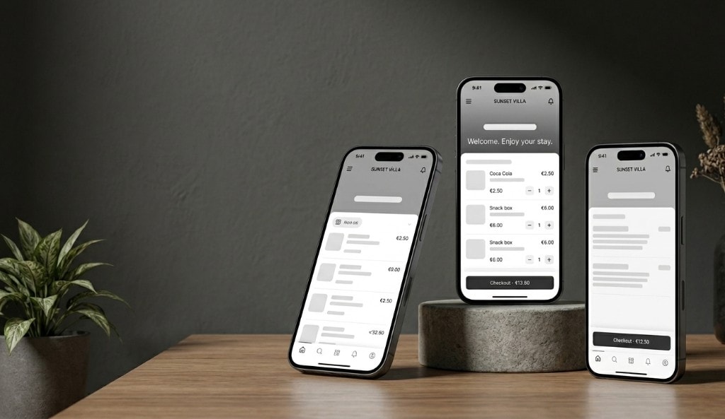 Three smartphones on a warm wooden surface showing the in-room guest menu, cart, and checkout flow.