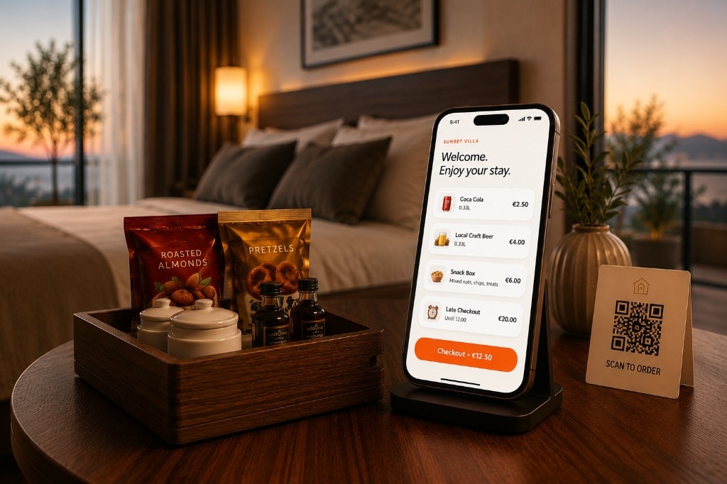 A premium minibar tray, in-room phone menu, and QR welcome card in a warm sunset-lit hotel suite