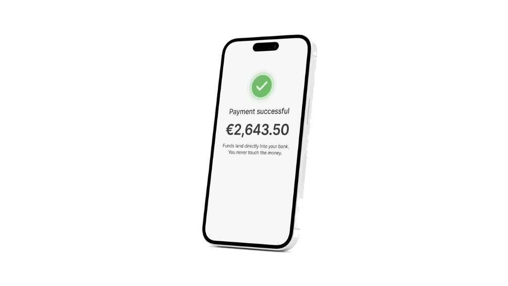 A smartphone on a stand showing a successful €2,643.50 payout to your account
