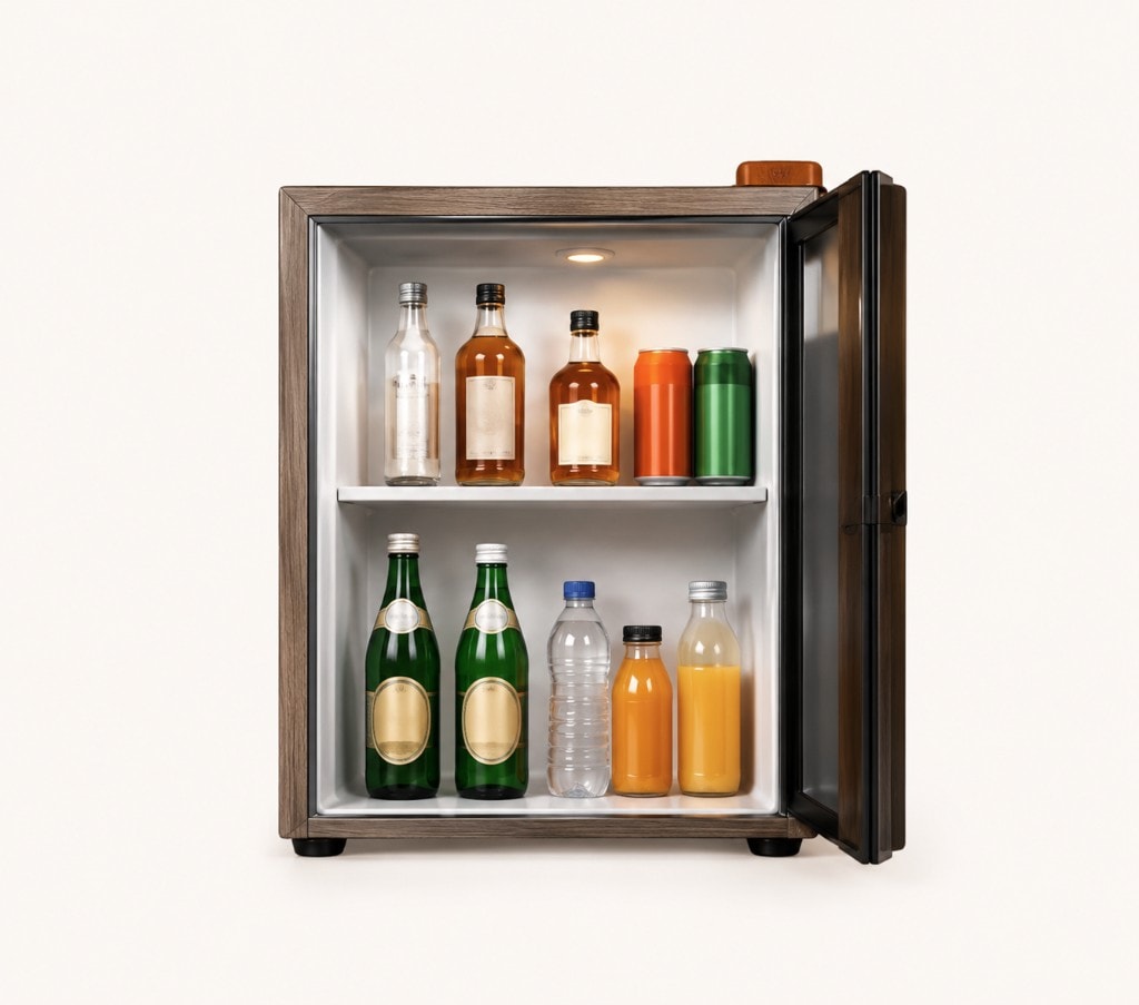 A premium wood-trimmed minibar fridge stocked with bottles, juices and snacks